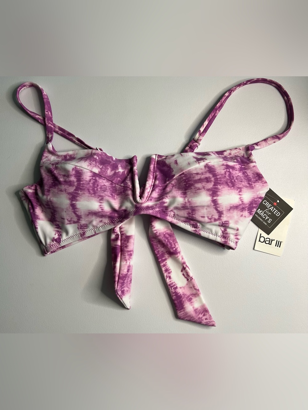 NWT Bar III Purple & White Tie-Dye Bikini Top with Front V-Notch